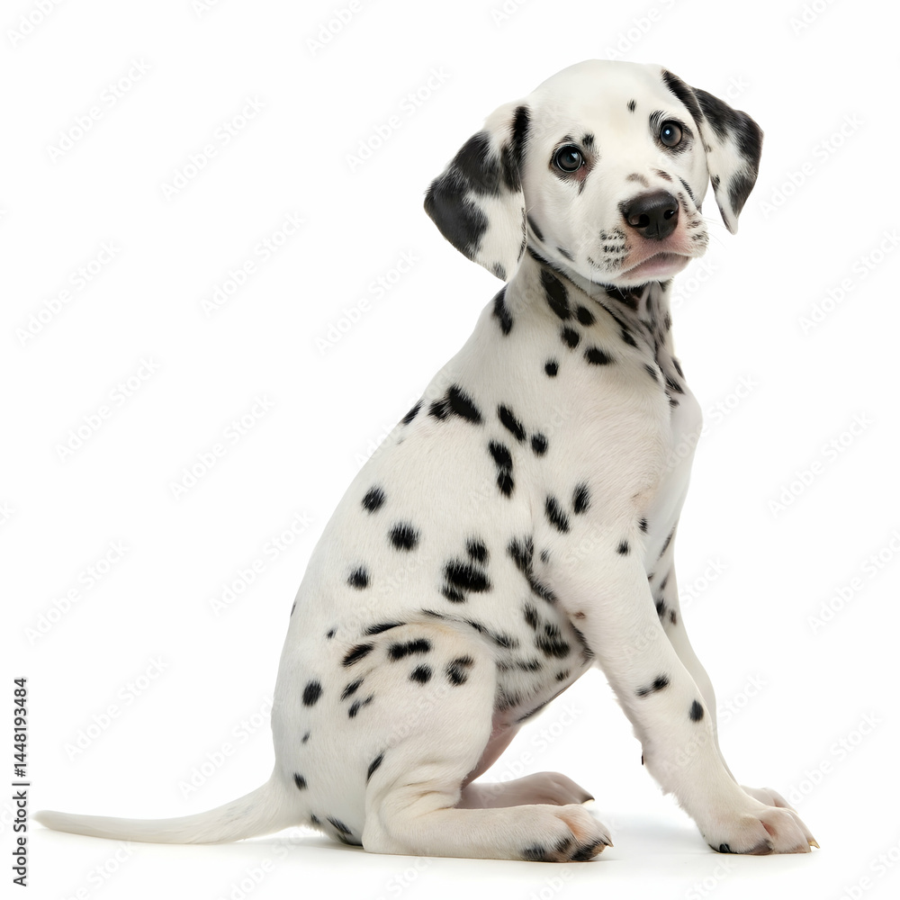 dalmatian puppy sitting looking at the camera on white dalmatian puppy sitting looking at the camera on white