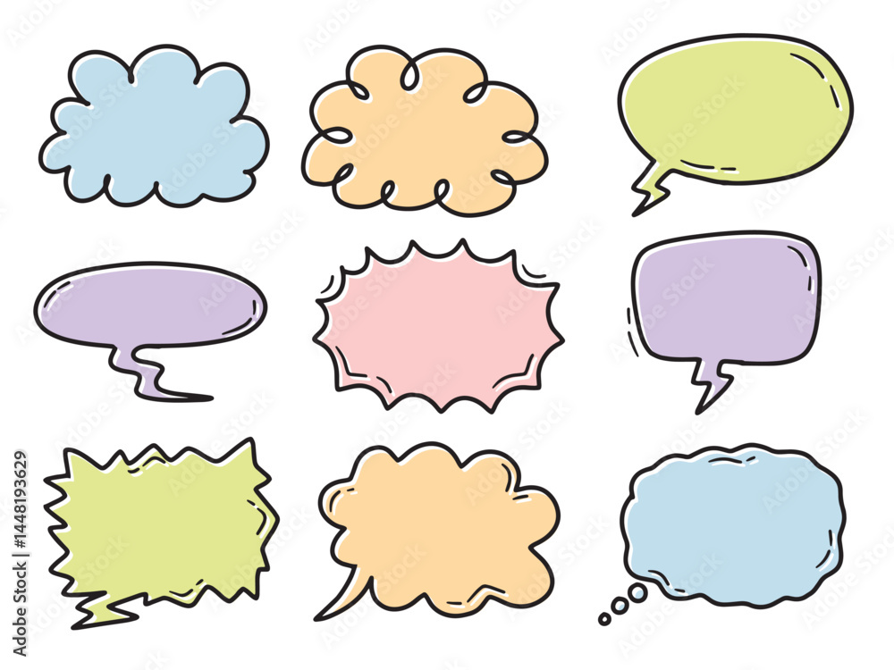Set of colorful bubble speech. With doodle hand drawn style. For layout, website, graphic design. Set of colorful bubble speech. With doodle hand drawn style. For layout, website, graphic design.