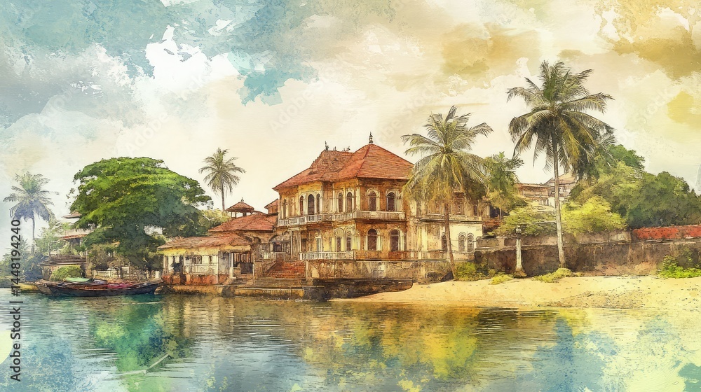 Fototapeta premium Soft watercolor style featuring iconic Tamil Nadu settings like Chettinad mansions and riversides