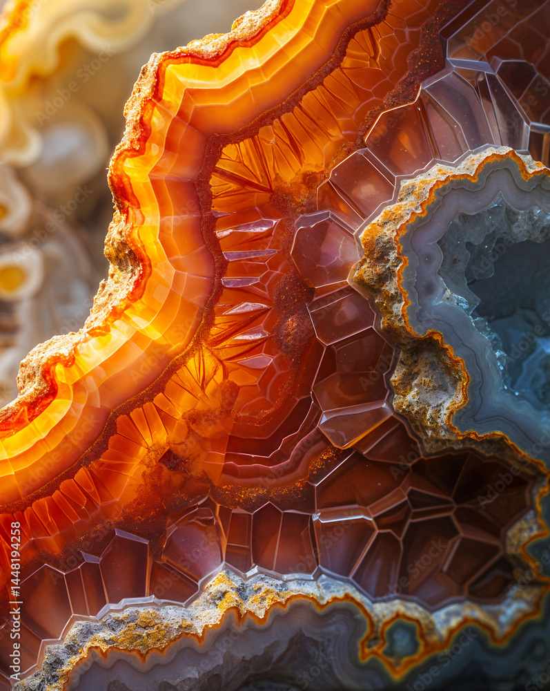 custom made wallpaper toronto digitalMacro photo of vivid agate geode slice with orange, red, and blue-gray crystal layers and textures.