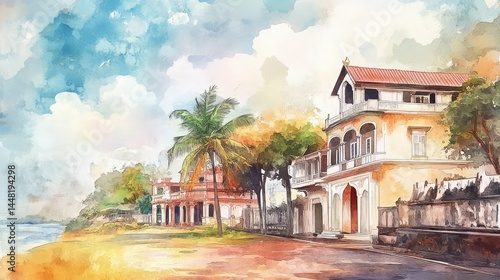 Soft watercolor style featuring iconic Tamil Nadu settings like Chettinad mansions and riversides