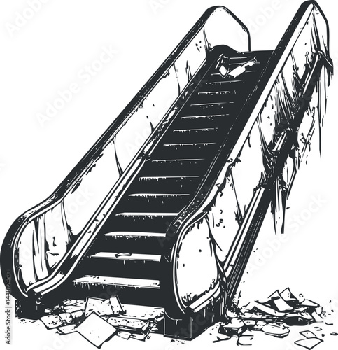 Illustration of a damaged broken escalator with rubble and debris, symbolizing urban decay and destruction