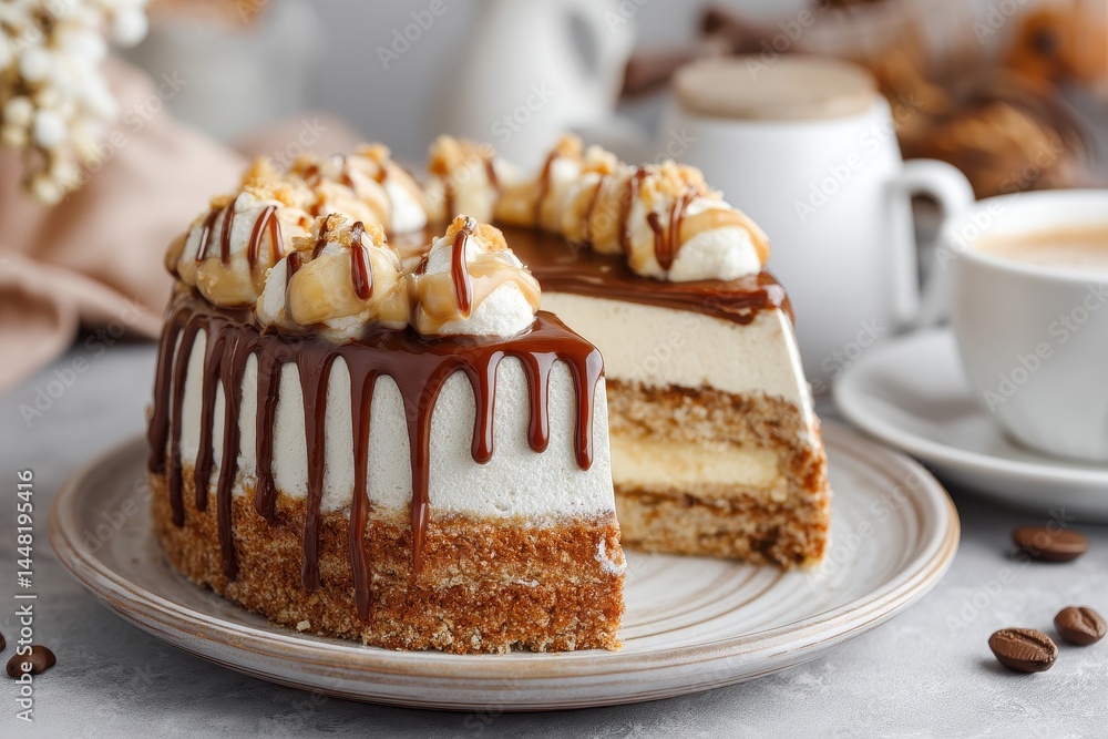 The cafe s banoffee cake appears tasty and appealing The cafe s banoffee cake appears tasty and appealing