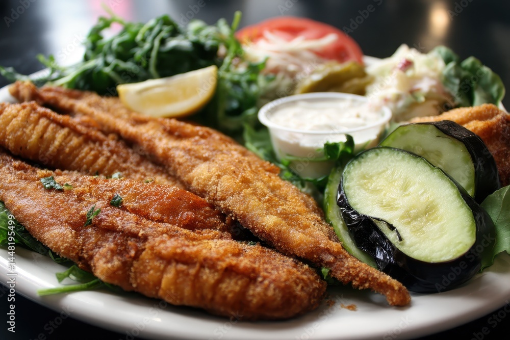The fried catfish comes with various sides greens cucumber grilled eggplant a scoop of white sauce or cream and something that looks like a serving The fried catfish comes with various sides greens cucumber grilled eggplant a scoop of white sauce or cream and something that looks like a serving