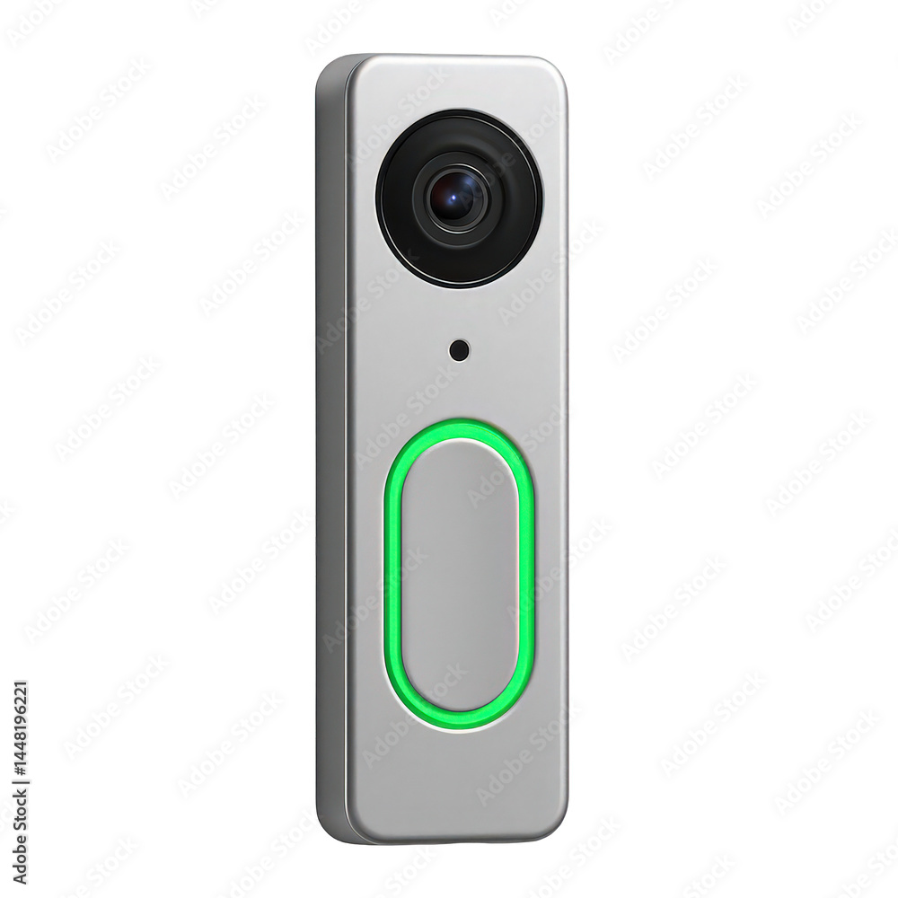 Modern silver video doorbell device with integrated camera and illuminated green button providing secure entry view. Modern silver video doorbell device with integrated camera and illuminated green button providing secure entry view.