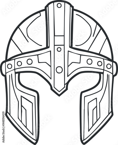 Black and white line art drawing of a medieval warrior helmet with detailed armor design