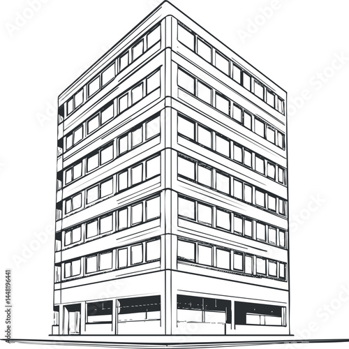 Black and white line drawing of a modern multistory office building with multiple windows and a commercial ground floor.