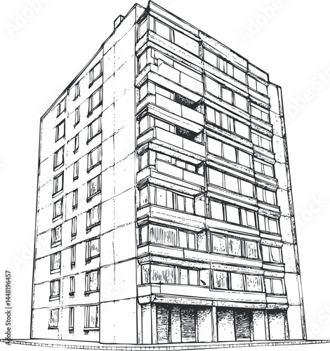 Detailed sketch of a multi-storey modern apartment building exterior with multiple windows and balconies