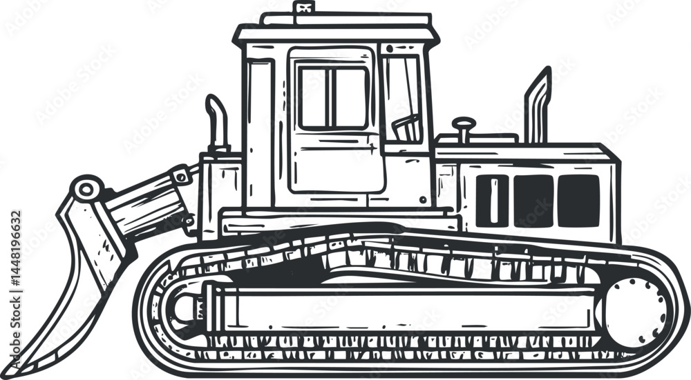 Black and white side view illustration of a bulldozer heavy construction machine with tracks and blade Black and white side view illustration of a bulldozer heavy construction machine with tracks and blade