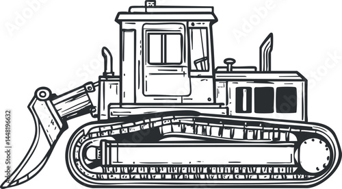 Black and white side view illustration of a bulldozer heavy construction machine with tracks and blade