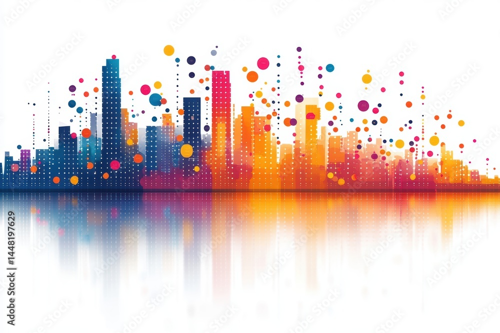 Fototapeta premium Vibrant Cityscape Digital Art of Urban Skyline with Colorful Dots and Reflections