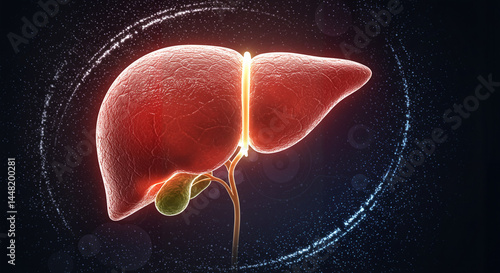 3D illustration of human liver anatomy, glowing effect, medical science, copy space
