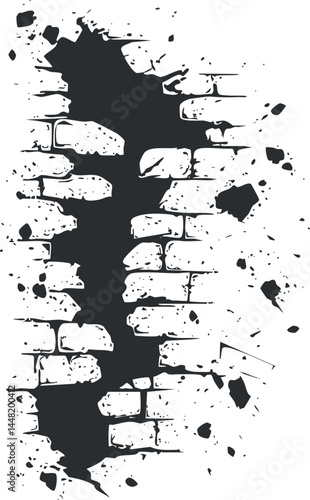 Black and white illustration of a broken brick wall with irregular hole and splattered texture