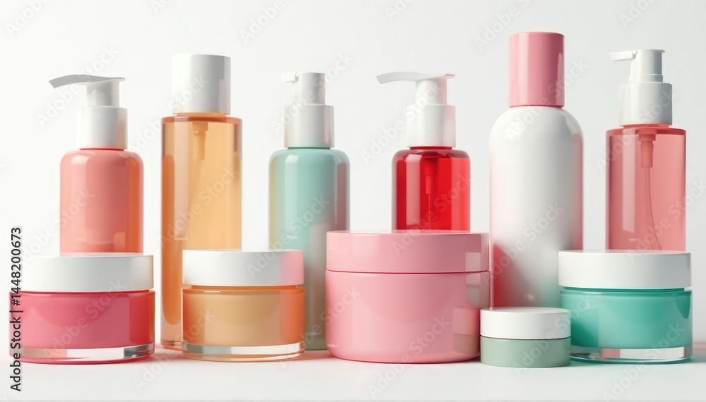 Various cosmetic containers arranged artfully on white backdrop, eyeshadow, minimalist Various cosmetic containers arranged artfully on white backdrop, eyeshadow, minimalist