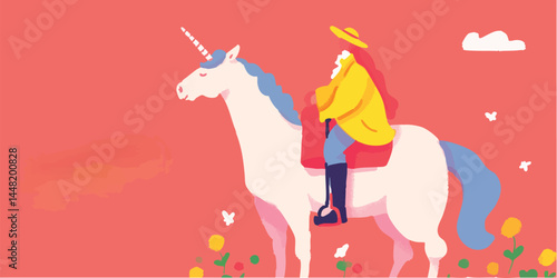 An illustration of a person riding a majestic unicorn through a vibrant landscape, The person is sitting on the unicorn. evoking a sense of fantasy and wonder. 