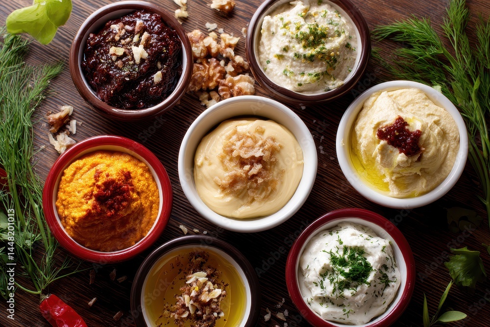 Variety of dips spreads and sauces Variety of dips spreads and sauces