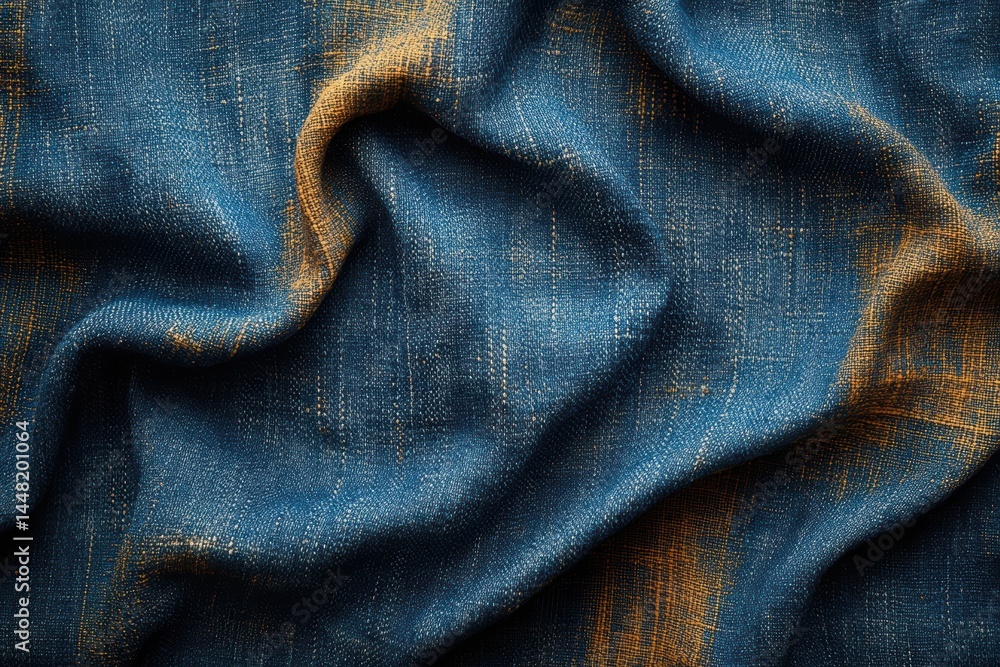 Fototapeta premium Textured Blue and Gold Fabric Drape Abstract Background