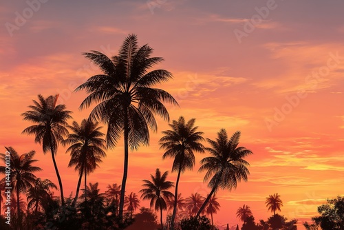 Colorful sunset over palm trees silhouettes on a tropical beach in the evening