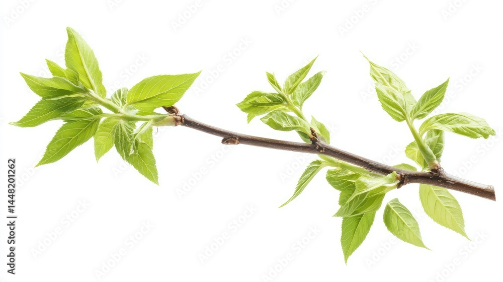 Obraz premium Tree of heaven sapling branch showing fresh leaves and smooth stem, isolated on white