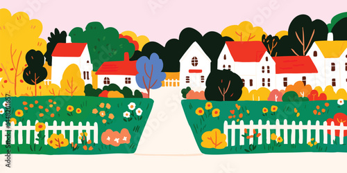 A picturesque view of charming suburban houses. Capturing the essence of an idyllic community nestled among colorful trees and lush greenery.