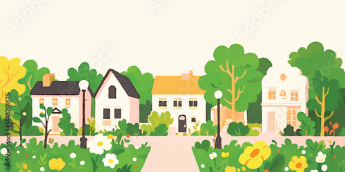 A cheerful illustration of a charming neighborhood, featuring charming houses, lush greenery, and vibrant flowers. The idyllic scene evokes a sense of tranquility and community. 