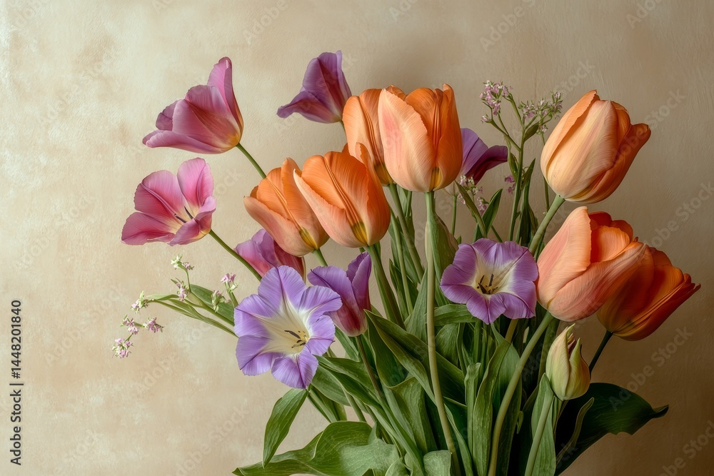 A bouquet of colorful tulips and flowers. A bouquet of colorful tulips and flowers.