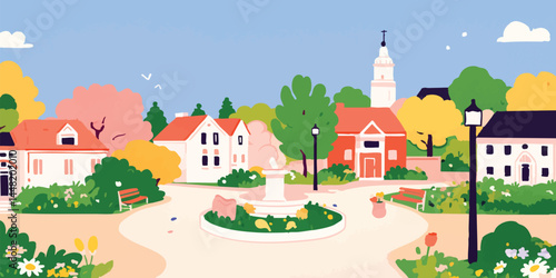 A charming illustrated scene depicts a quaint town square, filled with colorful buildings, lush trees, and a central fountain under a clear sky.