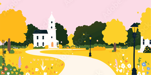 An illustration of a scenic view featuring a pathway leading towards a quaint building under a soft pink sky. The illustration highlights the beauty of outdoor space and architecture.