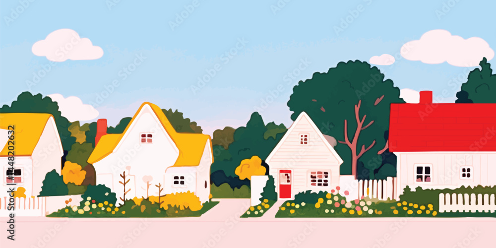 A charming village scene with quaint houses, inviting the essence of a serene, idyllic lifestyle and peaceful suburban living. A charming village scene with quaint houses, inviting the essence of a serene, idyllic lifestyle and peaceful suburban living.