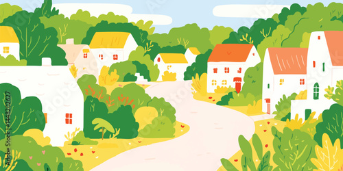 A charming illustration of a quaint village nestled amidst lush greenery, with houses and a winding road, inviting exploration.