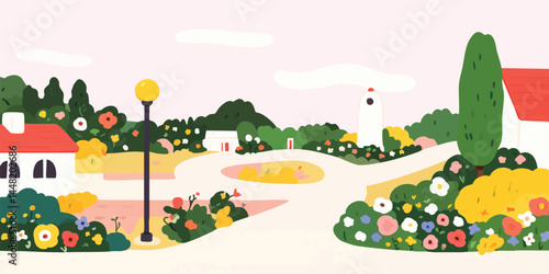 A charming village scene, filled with lush greenery, blooming flowers, and quaint houses, captures the essence of idyllic countryside living. The winding road invites exploration.