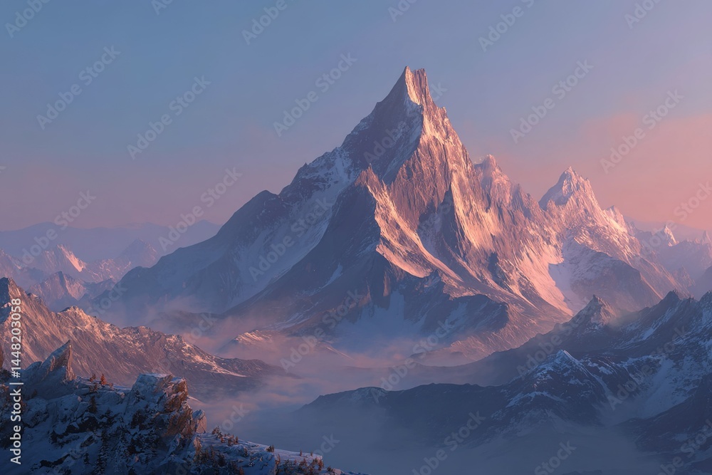 Obraz premium Majestic snow-capped mountain range under soft twilight hues in a serene landscape
