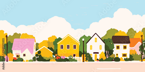 A charming street scene in an idyllic neighborhood, showcasing a row of colorful houses beneath a serene sky, evoking a sense of peace and the comfort of suburban living.