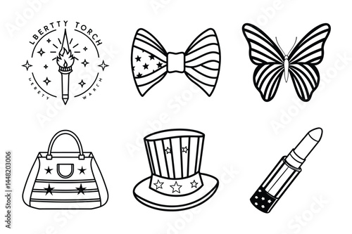 Vector set of patriotic elements including liberty torch, bow, butterfly, lipstick, hat and handbag in black outline style