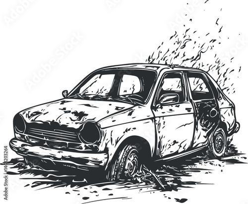 Illustration of a damaged and abandoned car on fire with smoke rising from the wreckage