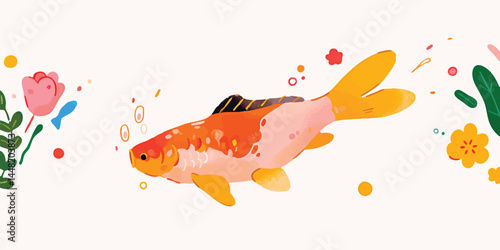 A whimsical watercolor goldfish gracefully swims amidst an array of colorful floral elements, creating a delightful and artistic aquatic scene, evoking a sense of joy and tranquility.
