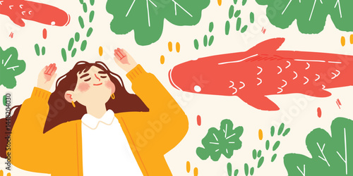 Girl relaxing surrounded by koi fish and plants.