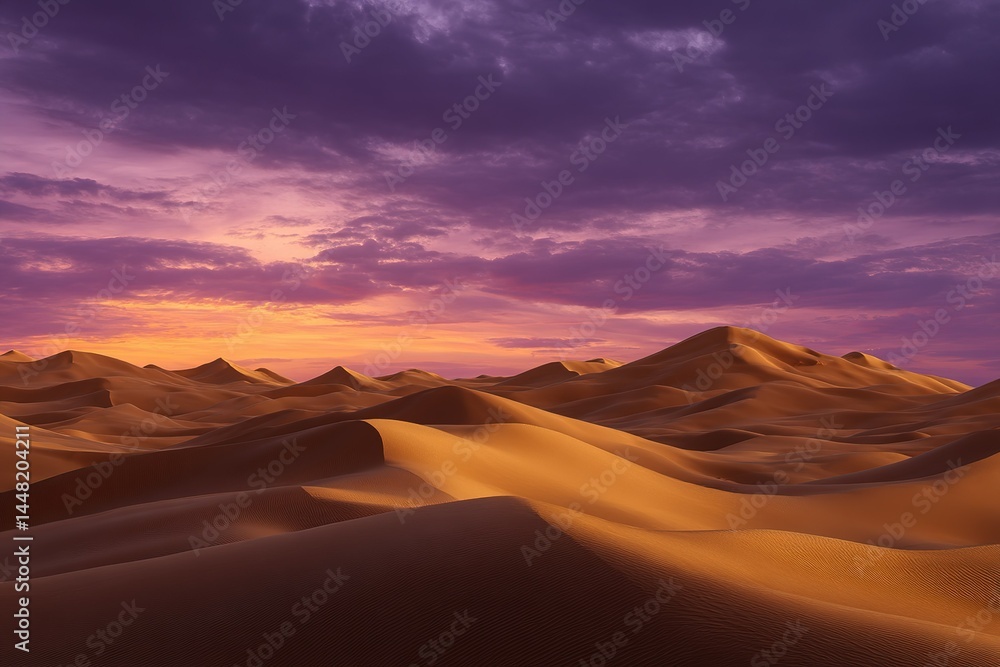 Naklejka premium Majestic dunes stretch under a vibrant sunset sky in the serene desert landscape