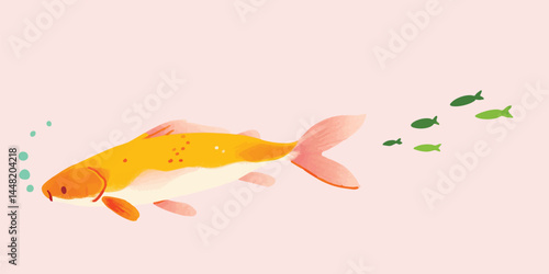 A whimsical illustration of a vibrant orange goldfish swimming through serene waters, its tail fins gracefully trailing in the wake. Smaller green fish follow closely behind.