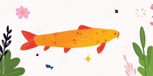 An illustration of a vibrant goldfish swimming among flowers and foliage, with its orange scales and red fins. The artistic composition is bursting with life and joy.