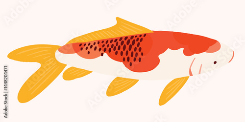 A vibrant illustration of a single koi fish, showcasing its colorful scales. The fish glides through the water.