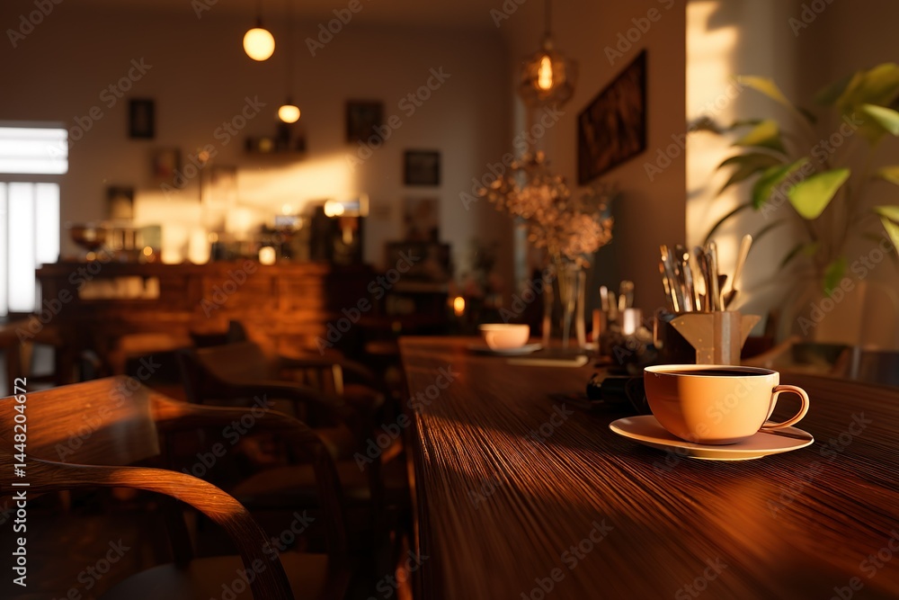 Warm sunlight illuminates a cozy cafe interior with coffee on the wooden counter in the late afternoon Warm sunlight illuminates a cozy cafe interior with coffee on the wooden counter in the late afternoon