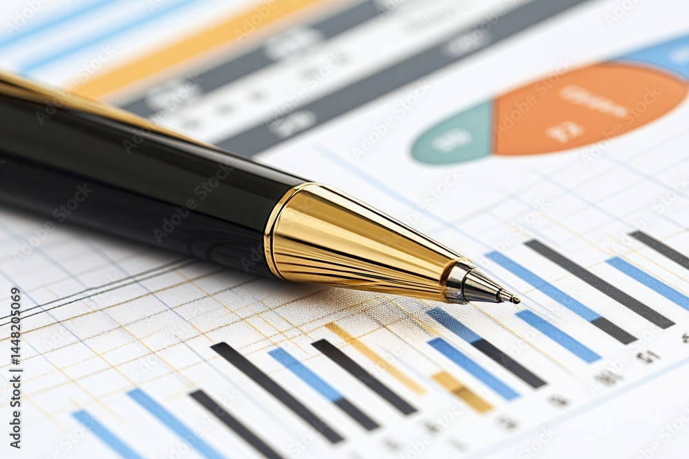 Close-up of a sleek pen resting on a detailed financial report with colorful graphs Close-up of a sleek pen resting on a detailed financial report with colorful graphs