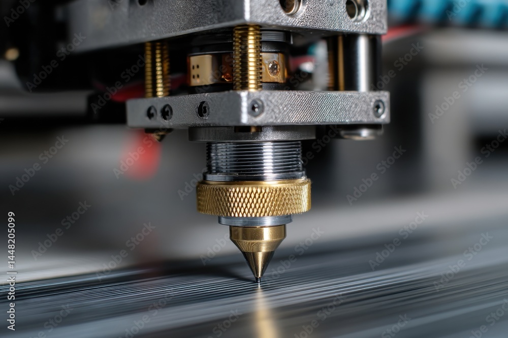 Precision instrument engraving parallel grooves onto surface, revealing intricate mechanical components and metallic texture. Precision instrument engraving parallel grooves onto surface, revealing intricate mechanical components and metallic texture.