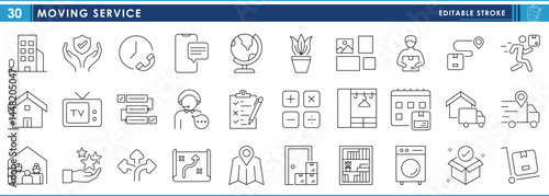 A set of line icons related to Moving Service. Apartment, house, utensils, family, goods, and so on. Vector editable stroke.
