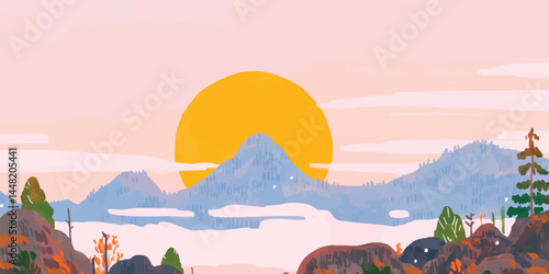 Sunrise paints the mountain range with gentle hues, as a bright yellow sun rises above the peaks, illuminating the landscape, evoking a sense of tranquility and the beginning of a fresh day.