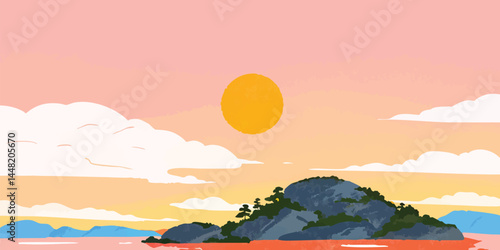 A serene sunrise over a small island, capturing the dawn's embrace with tranquil colors of the sky and a promise of a new day.