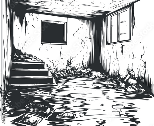 Monochrome illustration of an old empty basement room with cracked walls and debris scattered on the floor
