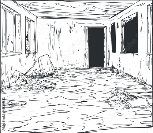 Illustration of an abandoned, dilapidated room with broken windows and debris scattered on the floor