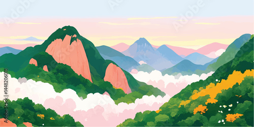 A vibrant, digitally rendered landscape paints a breathtaking panorama of rolling hills, nestled beneath a pastel sky, offering a serene and calming experience. 